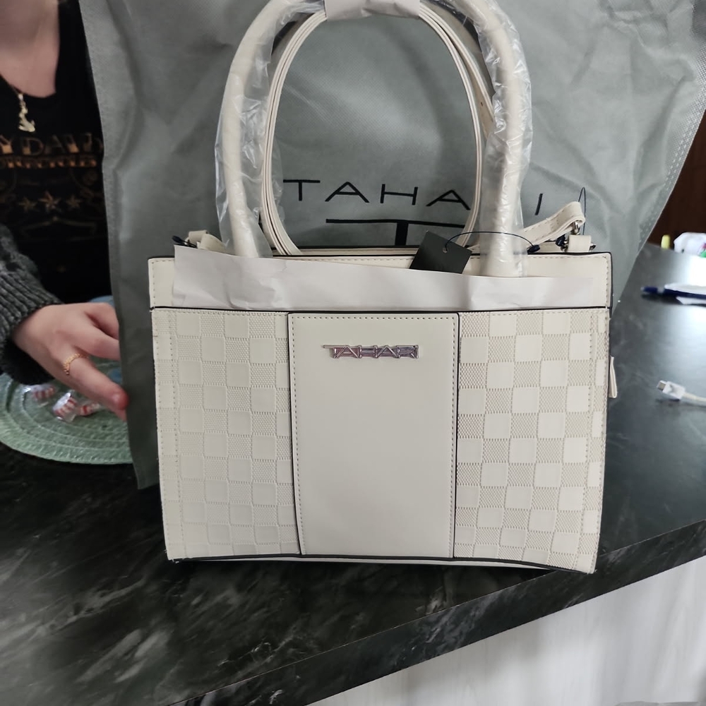 Tahari Ivory Checkered Satchel